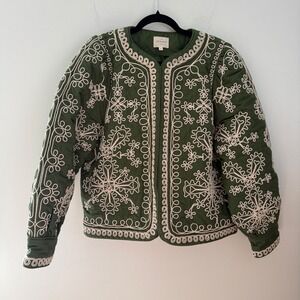 Sezane Ewan Jacket ecru khaki Green Embroidered Quilted Organic Cotton Sz XL 46